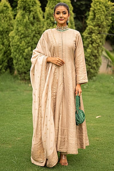 Ecru Vegan Silk Chikankari Anarkali Set by Safaa