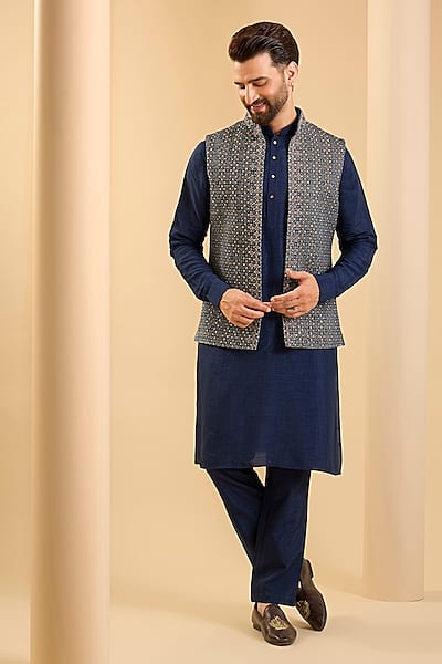 Navy Blue Silk Bundi Jacket Set by SAMMOHAN-POPULAR PRODUCTS AT STORE