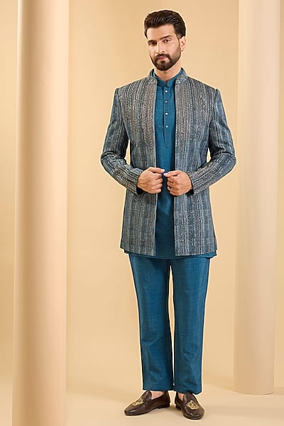 Navy Blue Silk Indowestern Set by SAMMOHAN-POPULAR PRODUCTS AT STORE