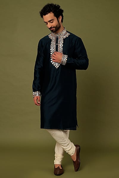 Teal Blue Chanderi Embroidered Kurta Set by ALOUKIK