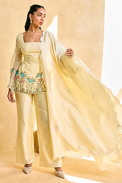 Yellow Chanderi & Voile Hand Embroidered Kurta Set by Saanjh by Lea