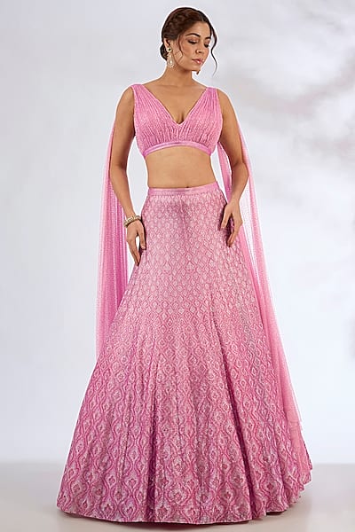 Pink Net Lehenga Set by Seema Gujral