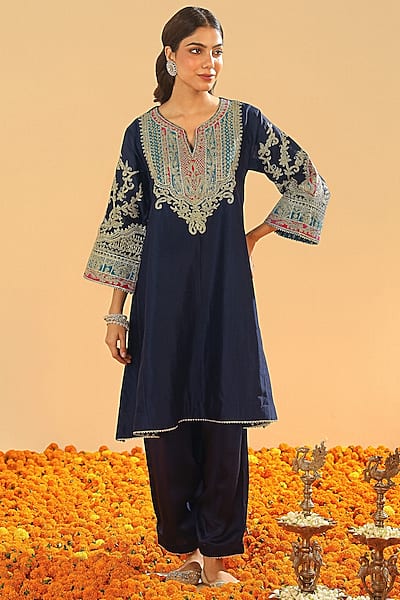 Deep Blue Pure Silk Chanderi Embroidered Kurta Set by Sheetal Batra