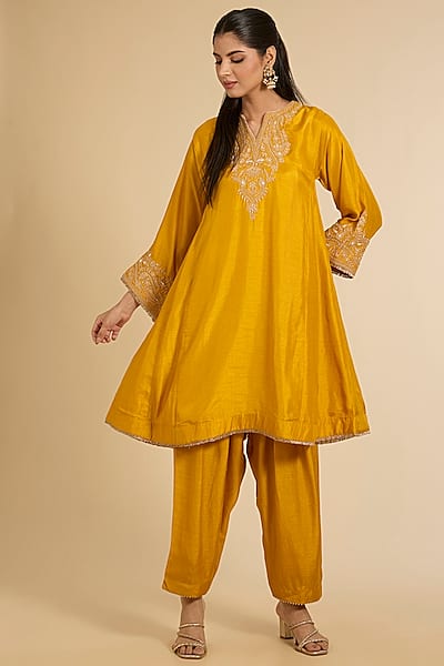 Mustard Pure Upada Silk Kiran Dori Embroidered Kurta Set by Sheetal Batra