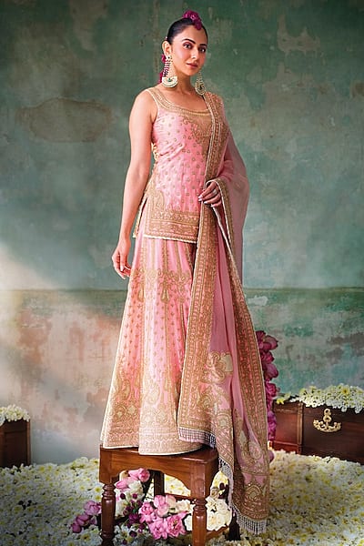 Peach Pink Pure Silk Chanderi Zardosi Embroidered Sharara Set by Sheetal Batra