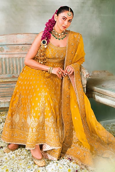 Mustard Pure Silk Chanderi Kashmiri Tilla Embroidered Anarkali Set by Sheetal Batra
