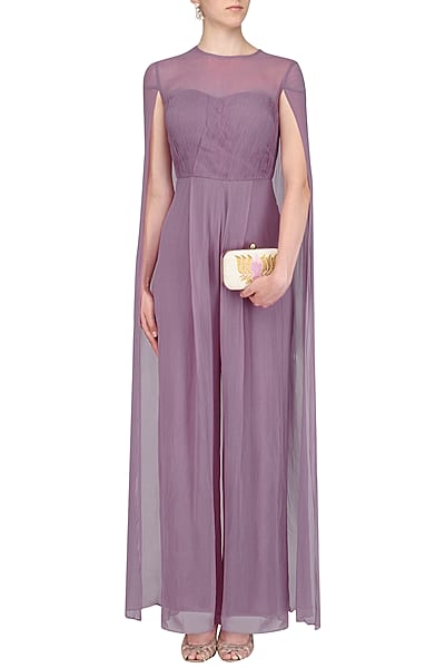 Lavender Pintucks Cape Sleeves Jumpsuit by Jhunjhunwala