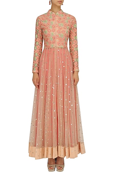 Baby Pink Embroidered Anarkali and Fuschia Pink Lehenga Set by Jhunjhunwala