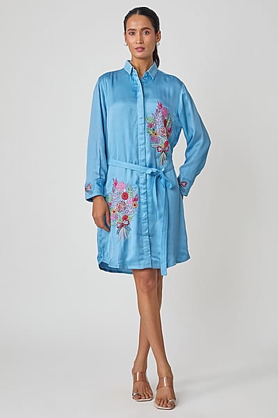 Blue Silk Hand Embroidered Shirt Dress by Sheeshakari