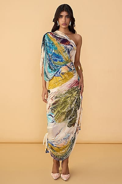 Multi-Colored Cotton Silk Abstract Floral Printed One-Shoulder Maxi Dress by Saaksha & Kinni