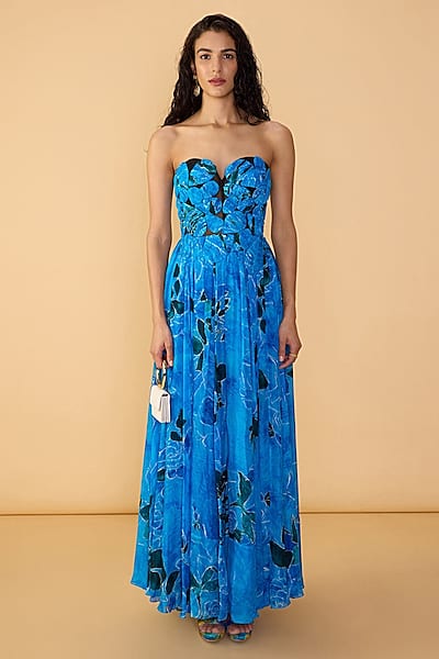 Blue Chiffon Floral Abstract Printed Sleeveless Gown by Saaksha & Kinni