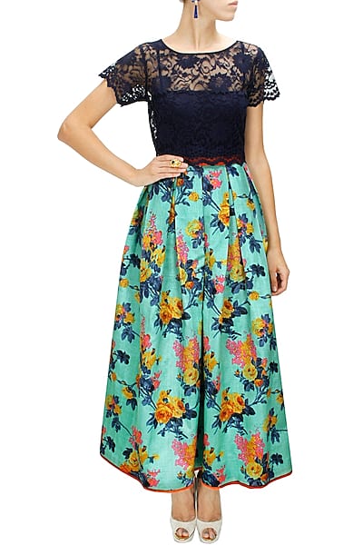 Deep blue chantilly lace crop top by Sonal Kalra Ahuja