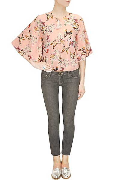 Blush pink papillion printed short cape by Sonal Kalra Ahuja