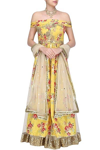 Yellow Floral Embroidered Off Shoulder Kurta and Skirt Set by Seema Khan