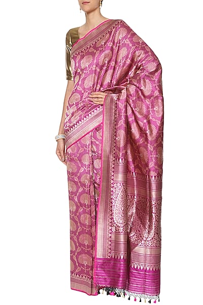 Magenta Pink Handwoven Banarsi Saree Set by Shivangi Kasliwaal