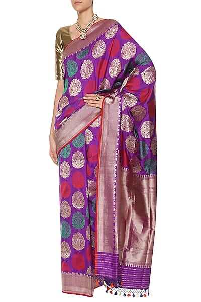 Purple Handwoven Kadhua Banarsi Saree Set by Shivangi Kasliwaal