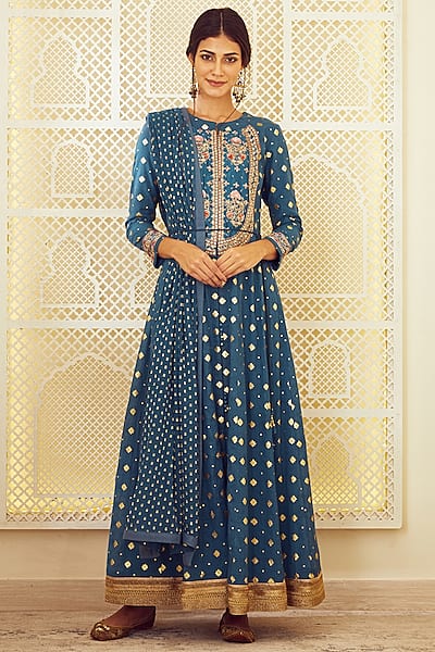 Teal Blue Embroidered Anarkali Set by Shyam Narayan Prasad-POPULAR PRODUCTS AT STORE