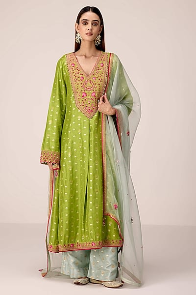 Green Silk Brocade Thread Embroidered Flared Kurta Set by Shyam Narayan Prasad-POPULAR PRODUCTS AT STORE
