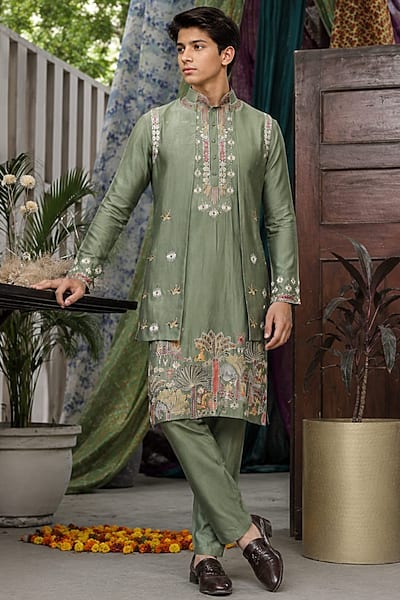 Green Handloom Silk Threadwork Indowestern Jacket Set For Boys by Soniya G KIDS