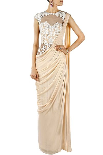 Nude and ivory pre stitched sari-gown by Sonaakshi Raaj