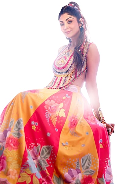Multi-Colored Velvet Floral Motif Printed Flared Skirt Set by Rishi & Vibhuti
