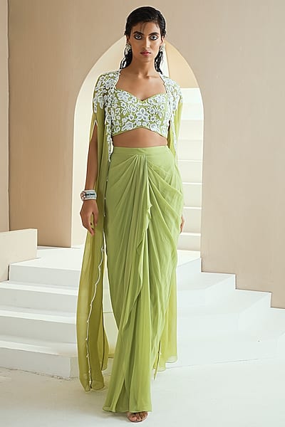 Green Georgette Skirt Set With Cape by Seema Thukral