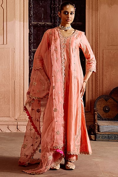 Coral Peach Spun Silk Gota-Patti Work Anarkali Set by SURBHI SHAH