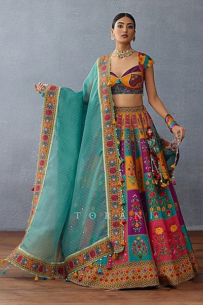 Multi-Colored Raw Silk Digital Printed Lehenga Set by TORANI