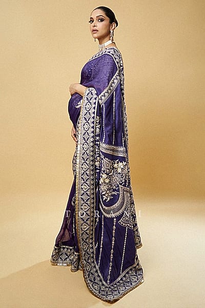 Purple Organza Embroidered Saree Set by TORANI