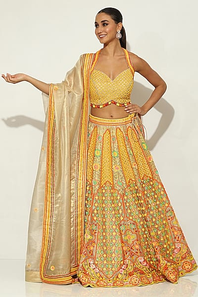 Multi-Colored Shimmer Organza Bead Embellished Lehenga Set by Vandana Sethi