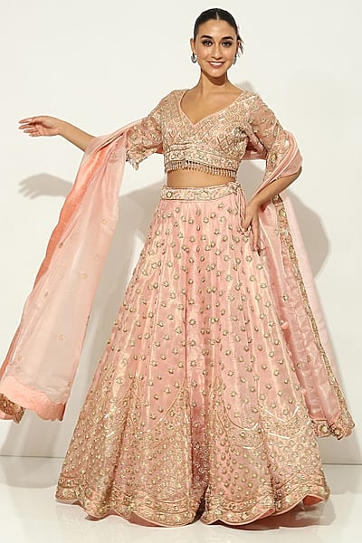 Blush Pink Shimmer Organza Zardosi Embroidered Lehenga Set by Vandana Sethi