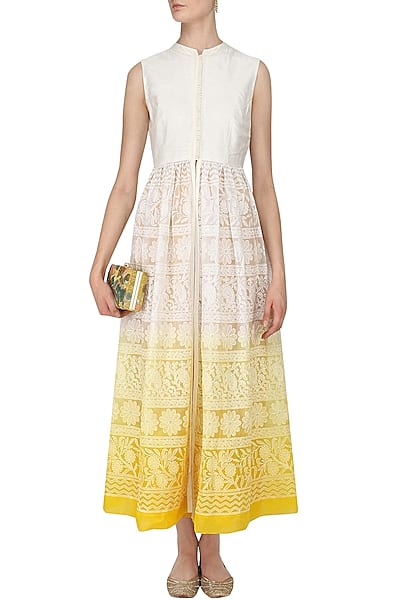 Off White To Yellow Chikankari Jacket Tunic and Pants Set by Vasavi Shah