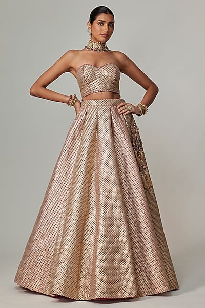 Deep Beige Georgette Gota Embroidered Lehenga Set by Vvani by Vani Vats