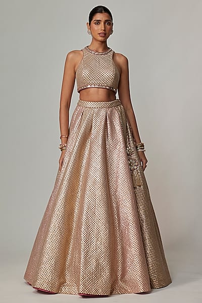 Deep Beige Georgette Gota Embroidered Lehenga Set by Vvani by Vani Vats