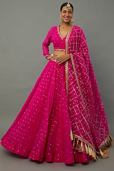 Fuchsia Silk Organza Hand Embroidered Lehenga Set by Vvani by Vani Vats