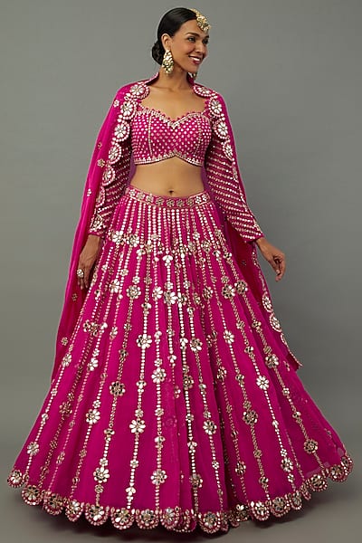Fuchsia Georgette Mirror Embellished Lehenga Set by Vvani by Vani Vats