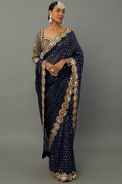 Midnight Blue Embroidered Saree Set by Vvani by Vani Vats