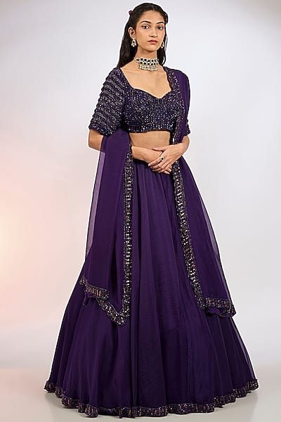 Purple Organza Hand Embroidered Lehenga Set by Vvani by Vani Vats
