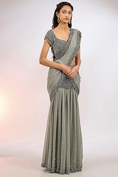 Grey Georgette Hand Embroidered Pre-Draped Saree Set by Vvani by Vani Vats