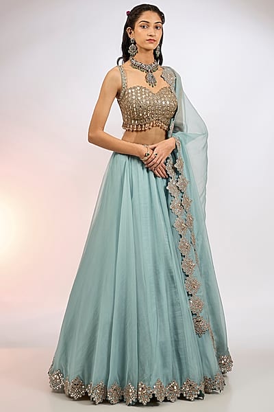 Powder Blue Organza Mirror Embroidered Lehenga Set by Vvani by Vani Vats
