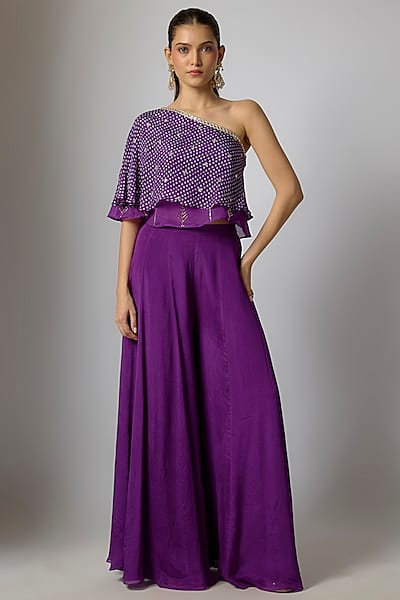 Purple Chinon Bandhani Printed Palazzo Pant Set by Krishna Padia