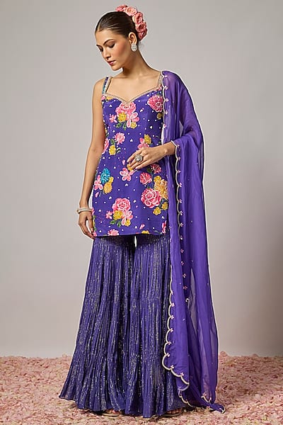 Deep Purple Lurex Georgette Sharara Set by Krishna Padia