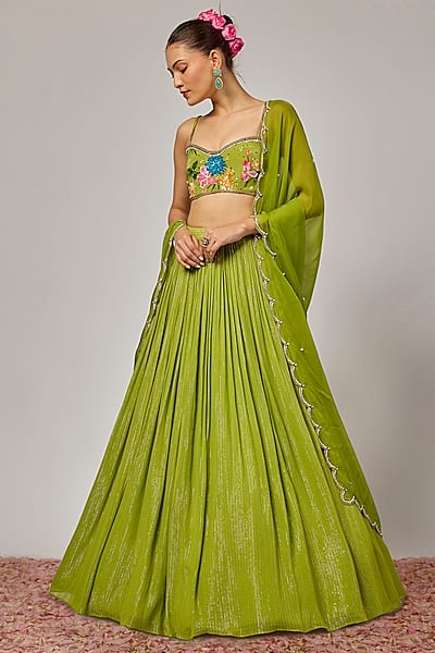 Mehendi Green Lurex Georgette Sequins Embroidered Lehenga Set by Krishna Padia