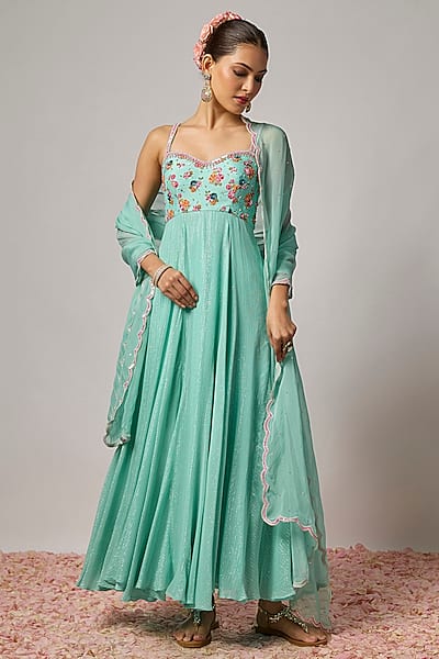 Aqua Blue Lurex Georgette Sequin Hand Embroidered Anarkali Set by Krishna Padia